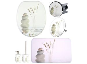 Badaccessoire-Set SANILO "Balance", beige, MDF, Badaccessoires-Sets, bestehend aus WC-Sitz, Badteppich, Stöpsel, Seifenspender, WC-Bürste