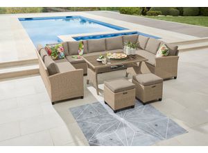 Gartenlounge-Set KONIFERA "Rotterdam", grau (grau, beige,), Polyrattan, Sitzmöbel-Sets, Gartenmöbel-Set, Polyrattan, Stahl, Tischplatte aus Nonwood