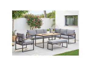 Ambia Garden Dining-Loungeset, Grau, Natur, Dunkelgrau, Metall, Kunststoff, Textil, 5-teilig, Füllung: Schaumstoff,Polyester, eckig, U-Form, 250x187 cm, Loungemöbel, Gartenlounge-Sets