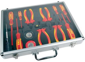 Werkzeugset, gelb (gelb, rot), H:5cm L:42cm, BRÜDER MANNESMANN WERKZEUGE, Werkzeugsets, 13-tlg., befüllter Werkzeugkoffer