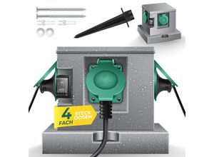KESSER® Gartensteckdose Steinoptik mit 4 Steckplätzen Inkl.Erdspieß, Mehrfachsteckdosen aussen mit 3m Verlängerungskabel Außensteckdose IP44 Wasserdicht Steinsteckdose mit ON/Auto Dämmerungssensor