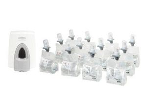 Sparset Spender für Toilettensitzreiniger Rubbermaid®, weiß-grau + 12 x Toilettensitz Schaumreiniger RVU9503 Nachfüllkartuschen, jeweils 400 ml