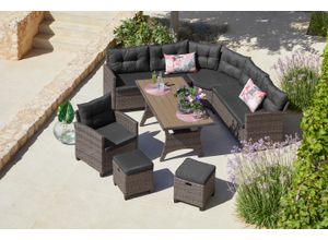 Gartenlounge-Set KONIFERA "Keros Premium", grau (vintage grau, braun,), Polyrattan, Sitzmöbel-Sets, Gartenmöbel-Set, Ecklounge, Polyrattan, Stahl, geeignet für 8 Personen, inkl. Auflagen