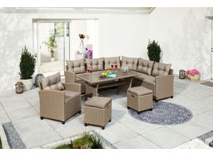 Gartenlounge-Set KONIFERA "Keros Premium", beige (beige meliert,), Polyrattan, Sitzmöbel-Sets, Gartenmöbel-Set, Ecklounge, Polyrattan, Stahl, geeignet für 8 Personen, inkl. Auflagen
