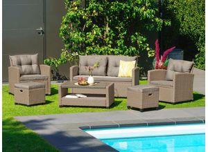 Gartenlounge-Set KONIFERA "Lorca", beige (beige, beige,), Polyrattan, Sitzmöbel-Sets, Gartenmöbel-Set, Polyrattan, Ablagefläche unter dem Tisch, Tischplatte aus Nonwood