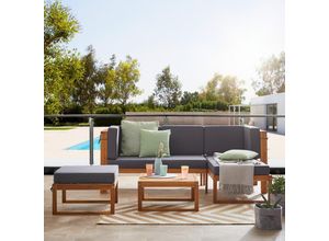 Ambia Garden Loungegarnitur, Grau, Akazie, Holz, Textil, 4-teilig, Akazie, vollmassiv, Füllung: Schaumstoff, Ottomane rechts, L-Form, 199x123.5 cm, wetterfest, Loungemöbel, Gartenlounge-Sets