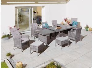 Garten-Essgruppe KONIFERA "Parla", braun (braun, grau,), Polyrattan, Sitzmöbel-Sets, Gartenmöbel-Set, 2 der 6 Sessel sind verstellbar, Grau, Tischplatte aus Sicherheitsglas