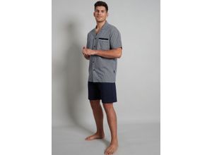 Shorty GÖTZBURG "Brooklyn", Herren, Gr. 48S, blau (blau, mittel, minimal), Single Jersey, Obermaterial: 100% Baumwolle, bedruckt, bequem kurz, V-Ausschnitt, Homewear-Sets Shorty, Kurzarm, V-Ausschnitt, mit Kragen, kurze Hose, Baumwolle, weich