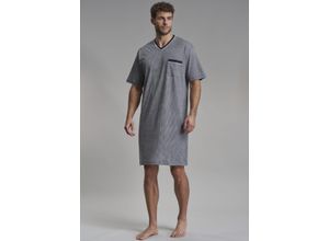 Nachthemd GÖTZBURG "Brooklyn", Herren, Gr. 48S, N-Gr, blau (blau, mittel, minimal), Single Jersey, Obermaterial: 100% Baumwolle, bedruckt, bequem kniefrei, V-Ausschnitt, Kleider Schlafshirt, V-Ausschnitt, Kurzarm, Brusttasche, mit Muster, Baumwolle, weich