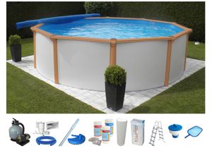 Rundpool KWAD "White Timber inkl. Sicherheitsleiter und umfangreichem Zubehör", weiß, H:132cm Ø:550cm, Schwimmbecken, Rundpool, 10-tlg., Höhe: 1,32m, inkl. Wasserpflege-Set