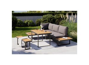 Ambia Garden Dining-Loungeset, Anthrazit, Natur, Metall, Kunststoff, Textil, 4-teilig, Füllung: Schaumstoff,Polyester, seitenverkehrt montierbar, einzeln stellbar, 253x70x175 cm, Loungemöbel, Gartenlounge-Sets