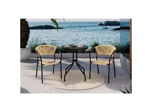 Ambia Garden Balkonset, Natur, Schwarz, Metall, Kunststoff, Glas, 3-teilig, Rundrohr, 55x78x55 cm, Tisch mit Glasplatte, platzsparend verstaubar, geeignet für Balkon, Balkonmöbel, Balkonmöbel-Sets