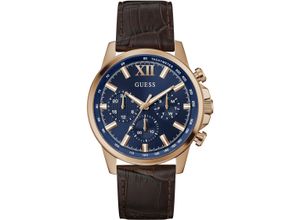 Multifunktionsuhr GUESS "WALKER", dunkelbraun, dunkelblau, Armbanduhren, Damen, Quarzuhr, Armbanduhr, Herrenuhr, Datum, Wochentag, Lederarmband