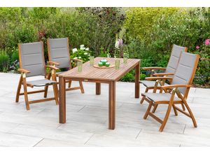 Garten-Essgruppe MERXX "Acapulco", grau, B:60,5cm H:111cm T:60cm, FSC-zertifiziertes Massivholz, Polyester, Sitzmöbel-Sets, 4 Klappsessel mit Gartentisch
