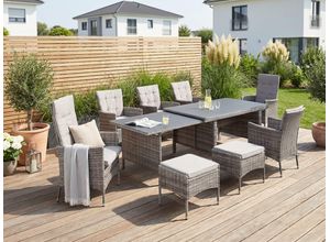 Garten-Essgruppe KONIFERA "Parla", braun (braun, grau), Polyrattan, Sitzmöbel-Sets, Gartenmöbel-Set, 2 der 6 Sessel sind verstellbar, Grau, Tischplatte aus Sicherheitsglas, Topseller