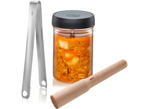 Fermentationsglas GEFU "NATIVO", schwarz (schwarz, transparent, silberfarben), H:17,5cm Ø:12cm, Borosilikatglas, Edelstahl, Holz, Kunststoff, Silikon, Lebensmittelaufbewahrungsbehälter, 1L Fermentationsglas mit Deckel, Beschwerungsgewicht, Stößel und Zange