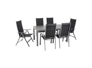 Gartenmöbel-Set Grenada 6, 7-teilig, rechteckiger Tisch, Klappsessel, Stapelstühle, Aluminium, Textilene, schwarz, Glas-Tischplatte, für Garten, Terrasse, Wintergarten