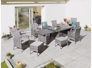 Garten-Essgruppe KONIFERA "Parla", braun (braun, grau), ausziehbarer Tisch, Polyrattan, Sitzmöbel-Sets, Gartenmöbel-Set, 2 der 6 Sessel sind verstellbar, Grau, Tischplatte aus Sicherheitsglas, Topseller