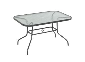 Gartentisch Bistrotisch Balkontisch Garten Beistelltisch Bistrotisch Gartenmöbel mit Glasplatte Schirmloch Hartglas + Metall Carbongrau 120 x 80 x 70 cm