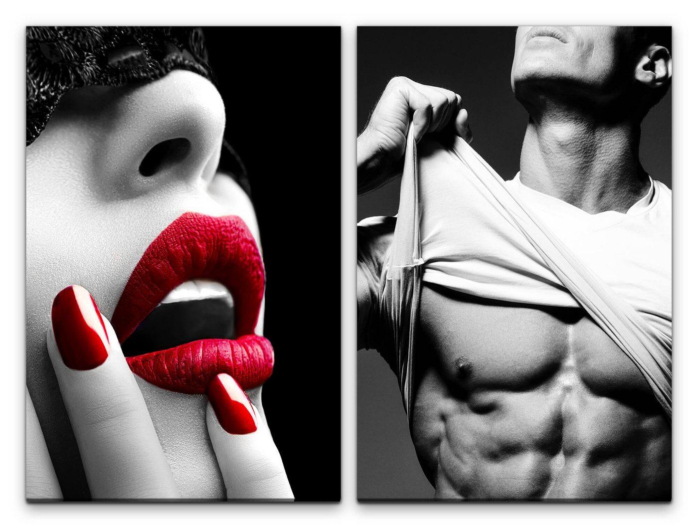 Sinus Art Leinwandbild 2 Bilder je 60x90cm Rote Lippen Sinnlich Sixpack Mann Erotik Schlafzimmer Muskulös