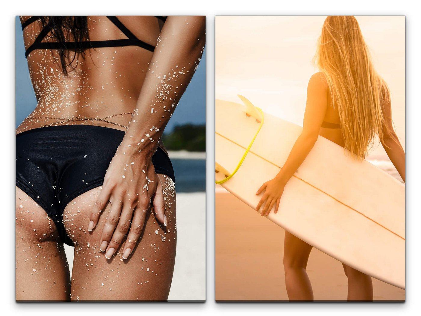 Sinus Art Leinwandbild 2 Bilder je 60x90cm Bikini Sexy Strand Sommer Surfbrett Traumfrau Urlaub