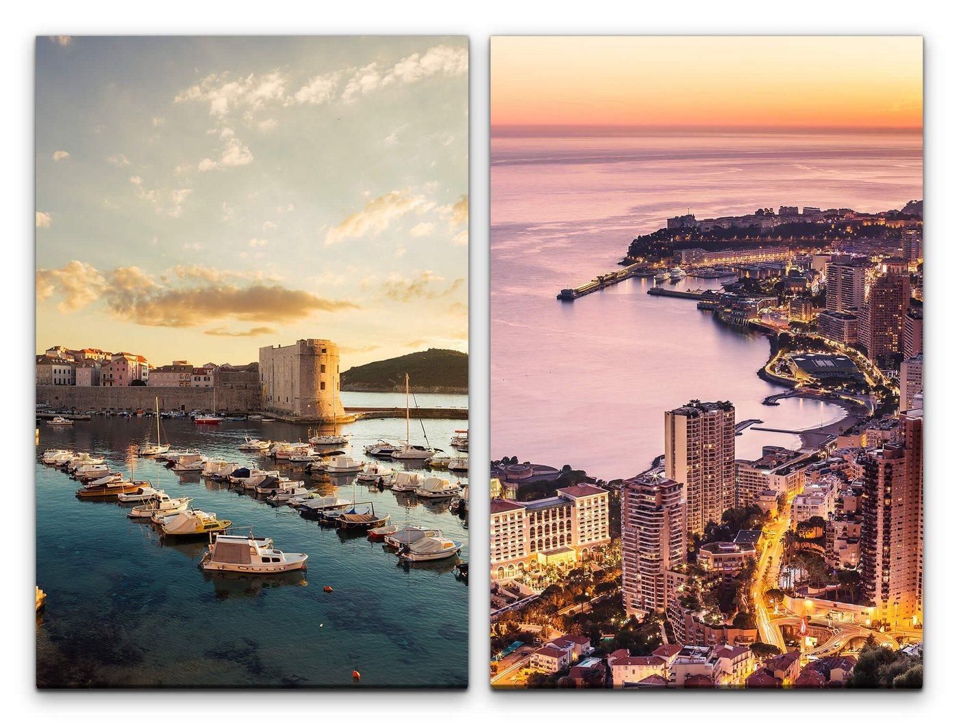 Sinus Art Leinwandbild 2 Bilder je 60x90cm Monte Carlo Monaco Luxus Meer Boote Abenddämmerung Urlaub