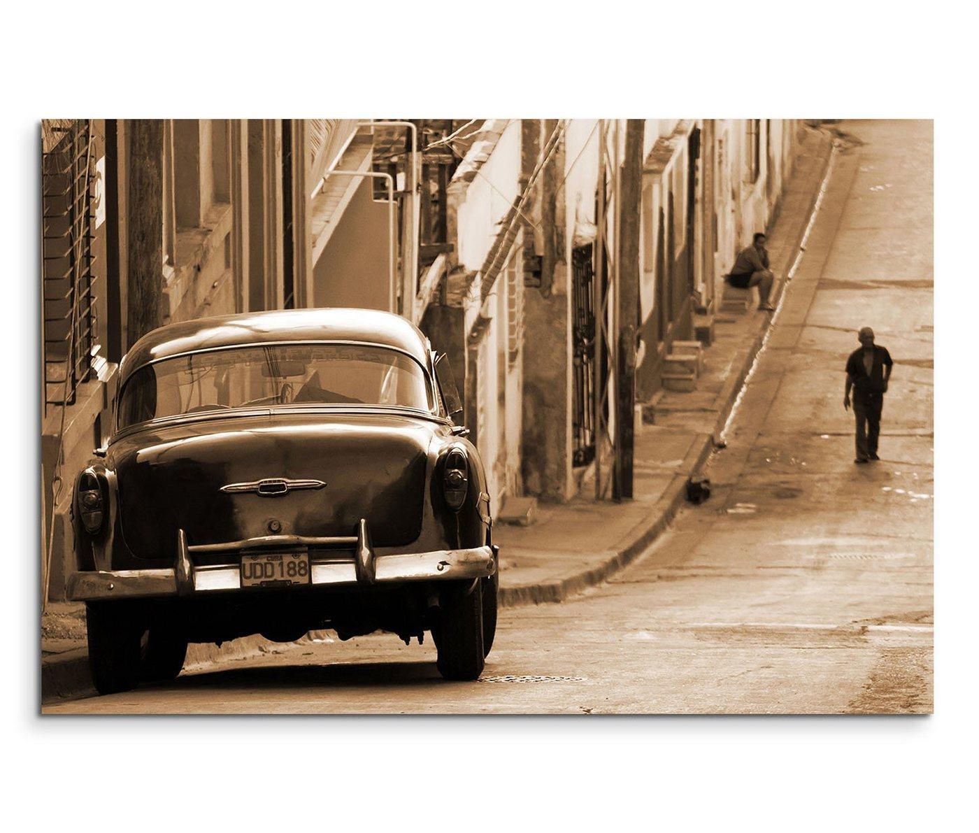 Sinus Art Leinwandbild 120x80cm Wandbild Kuba Chevrolet Auto Häuser Straße