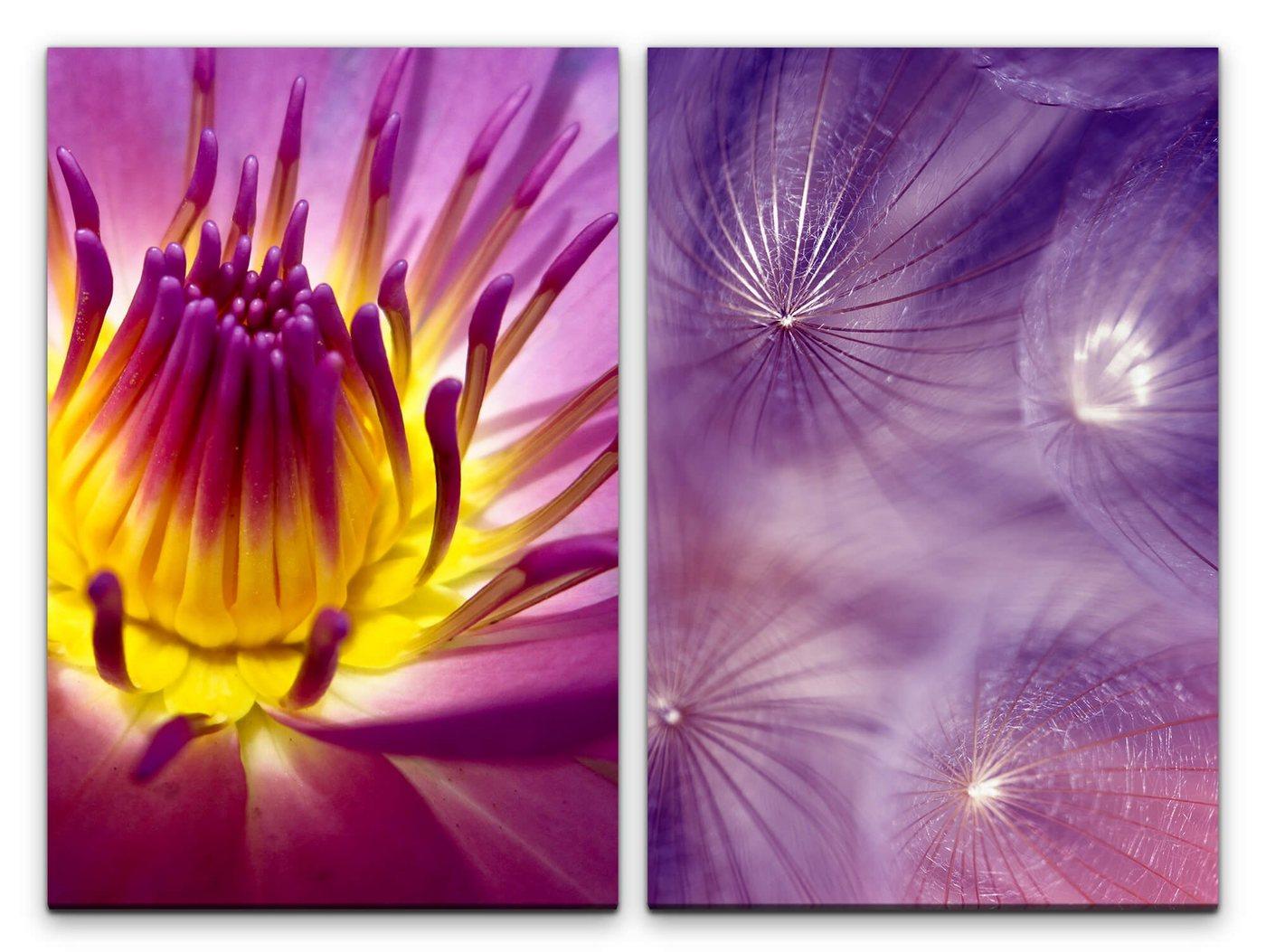 Sinus Art Leinwandbild 2 Bilder je 60x90cm Neonlicht Pusteblume Blüte Farbenfroh Fotokunst Violett Makroaufnahmen