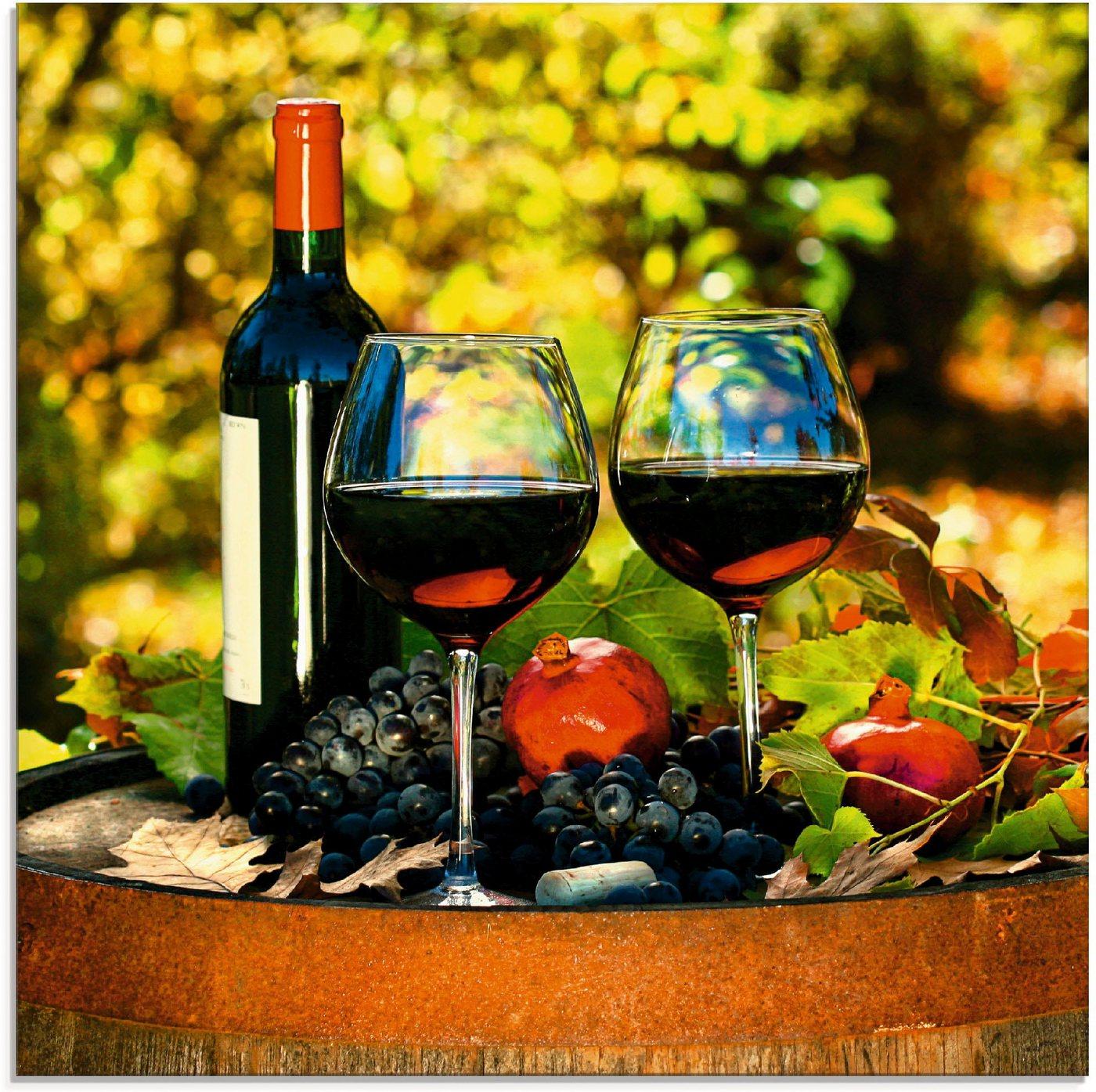 Artland Glasbild Gläser Rotwein auf altem Fass, Getränke (1 St), in verschiedenen Größen, grün