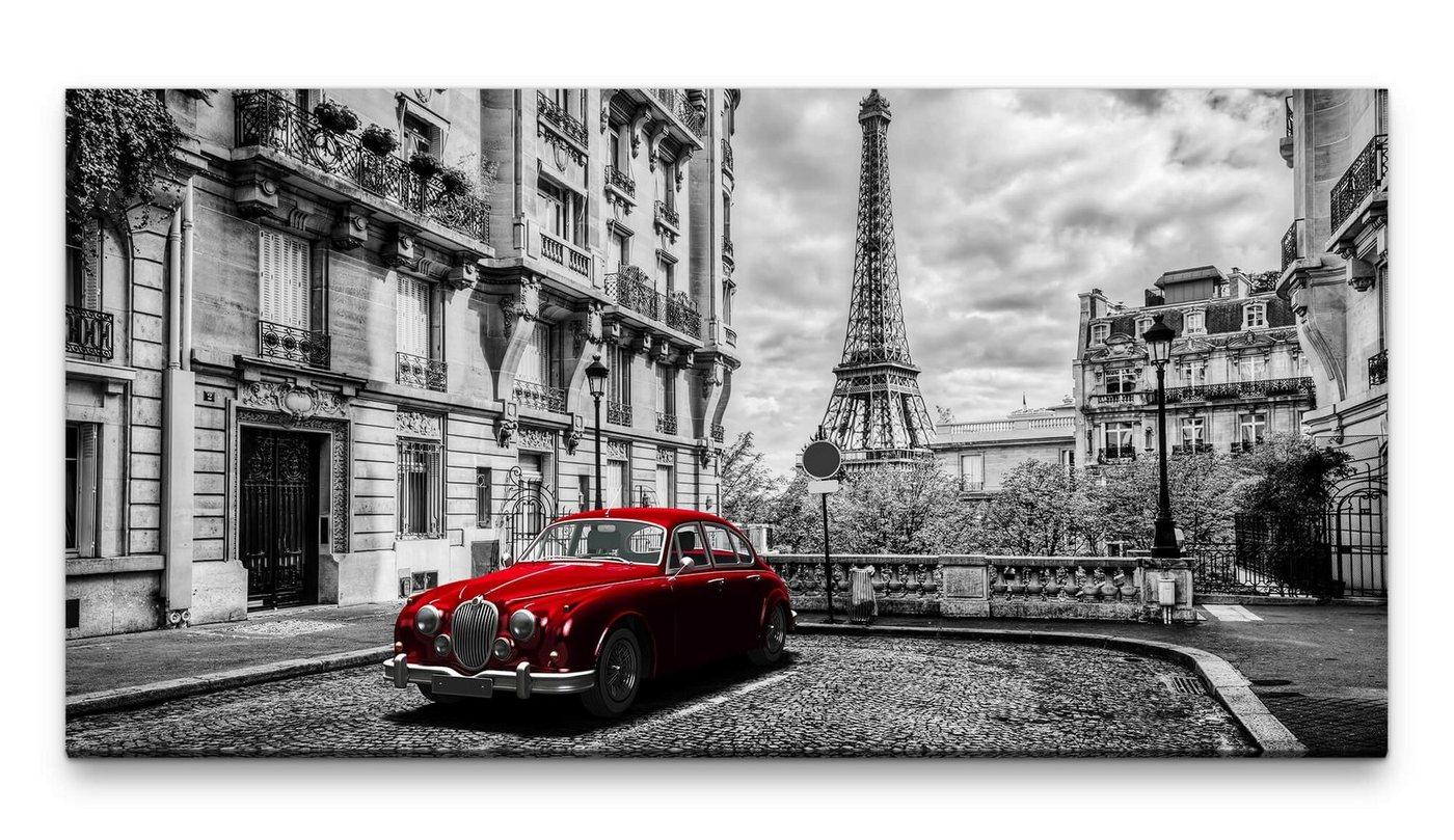 möbel-direkt.de Leinwandbild Bilder XXL Rotes Auto in Paris 50x100cm Wandbild auf Leinwand