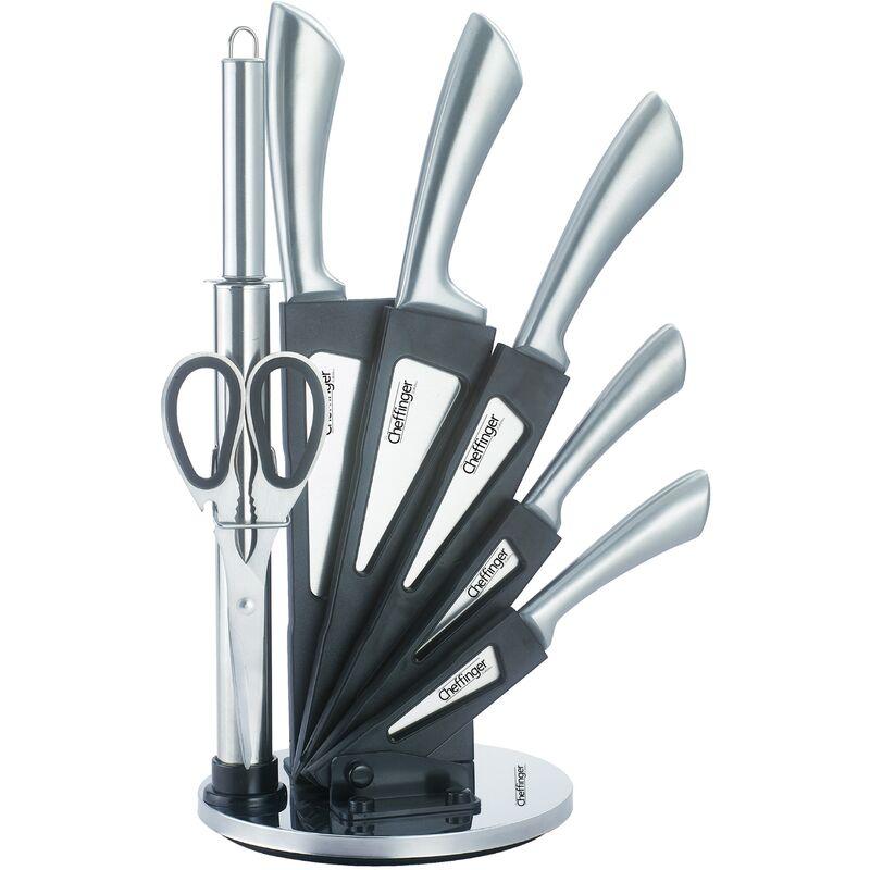 Cheffinger - 8-teiliges Profi Messer-Set Messerblock sehr hochwertiges Selbstschärfen Messer Küchenmesser Set Kochmesser Edelstahl in Silber