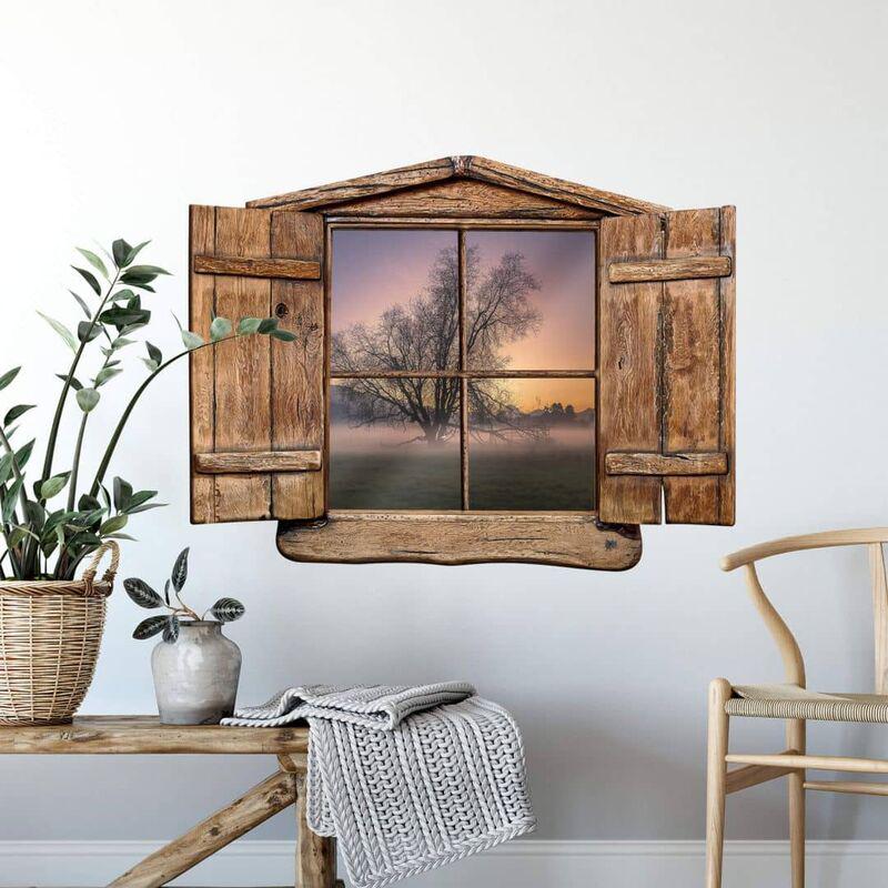 3D Wandtattoo Wohnzimmer Cuadrado Landhaus Vintage Baum des Lebens Wald Holzfenster selbstklebend 60x46cm - braun
