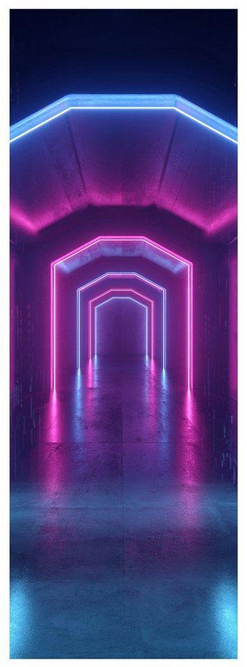 wandmotiv24 Türtapete Tunnel mit Neon-licht