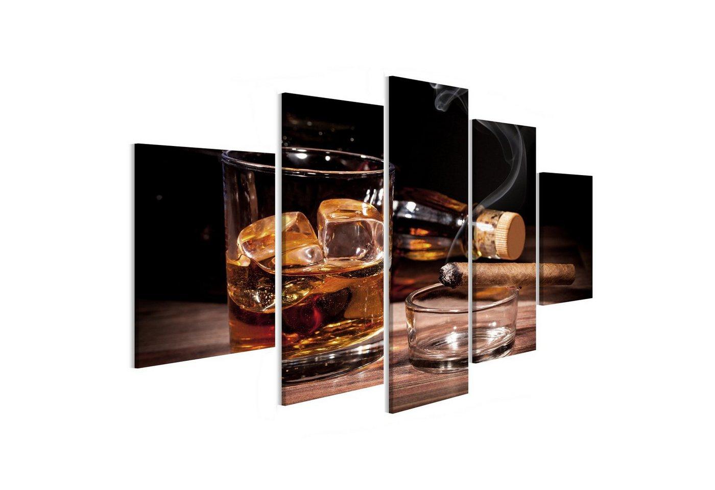 islandburner Leinwandbild Bild auf Leinwand Whiskey Zigarre auf Holztisch Whisky Wandbild Leinwa