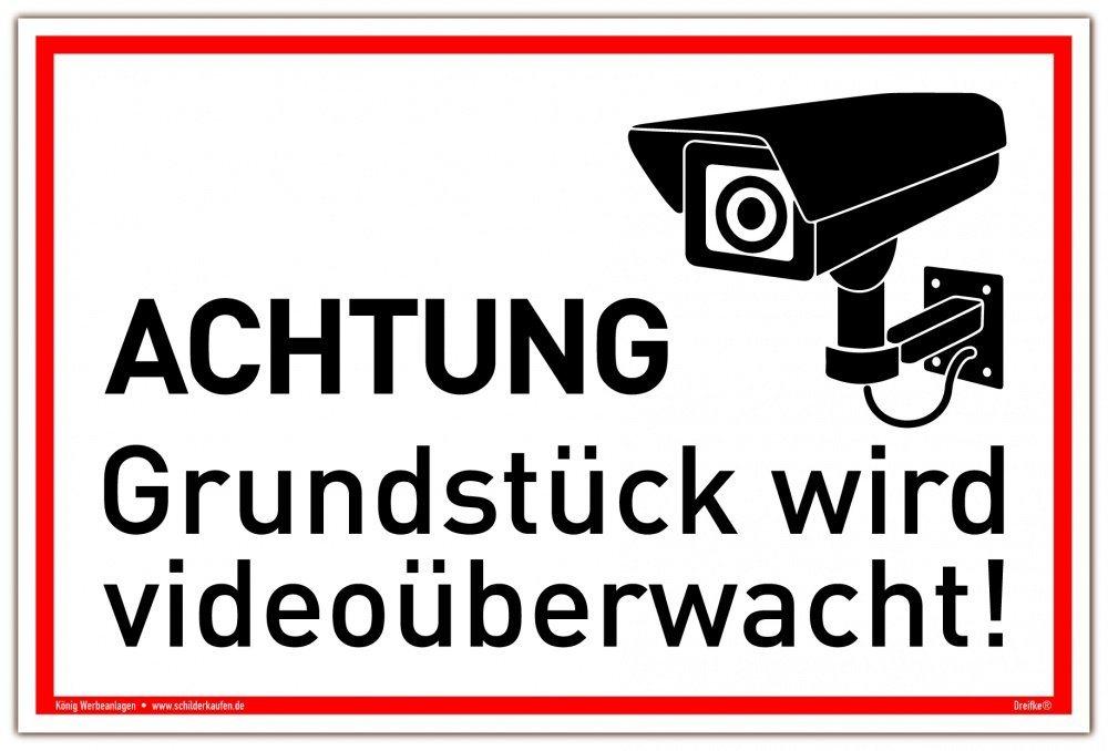 König Werbeanlagen Hinweisschild Schild Achtung Grundstück wird videoüberwacht! weiß