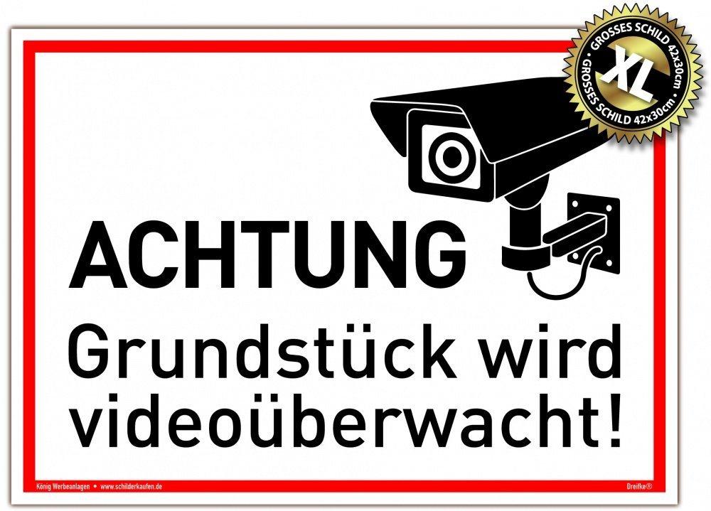 König Werbeanlagen Hinweisschild Großes Schild Achtung Grundstück wird videoüberwacht! weiß