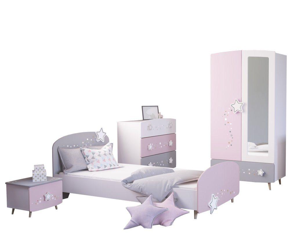 Kindermöbel 24 Komplettschlafzimmer Kinderzimmer Mädchen Sternschnuppe 4-teilig rosa weiß grau