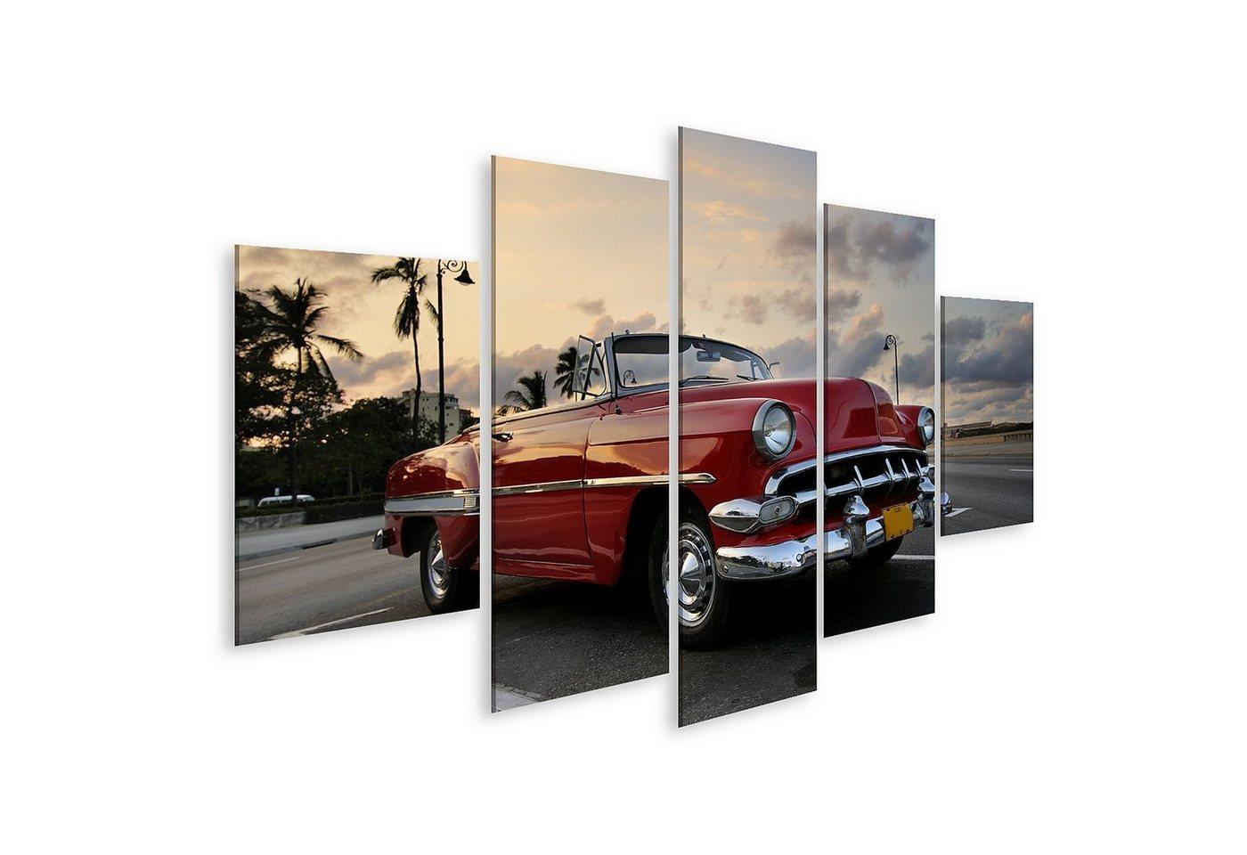 islandburner Leinwandbild Bild auf Leinwand Rotes Auto Havanna Sonnenuntergang Wandbild Poster K