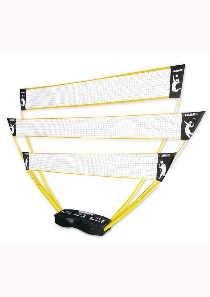 Hammer Tennisnetz (Tragekoffer, Netze, Teleskop Netzpfosten, Bodenanker), 3in1 Netz-Set für Badminton, Tennis und Volleyball, gelb|schwarz