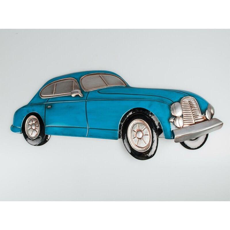 3D Wandbild Auto aus Metall, 72x32 cm, blau, Nostalgie Wanddeko, pkw Relief