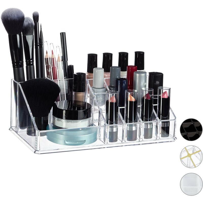 Relaxdays - Kosmetik-Organizer aus Acryl, Make Up Organizer mit 16 Fächern für Schminke & Lippenstift-Halter, transparent