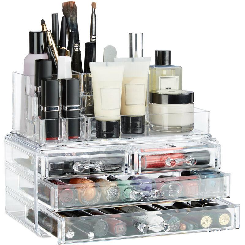 Make Up Organizer mit 4 Schubladen, Kosmetik Halter Nagellack u. Lippenstift, Acryl Make Up Kit, transparent - Relaxdays