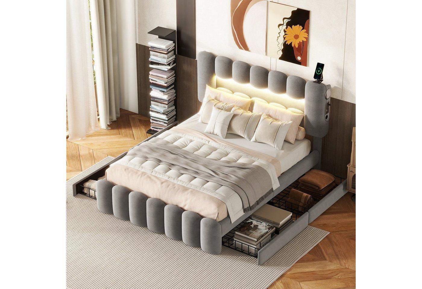 OKWISH Polsterbett Funktionsbett Stauraumbett Doppelbett Bett (mit LED-Lichtleiste mit USB und Stereoanlage