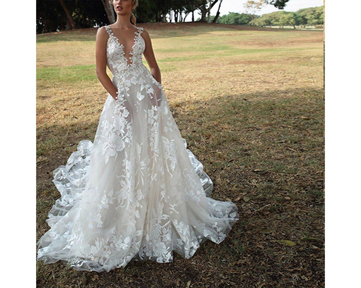 RUZU UG Abendkleid Sexy Hochzeitsabendkleid tiefem V-Träger Brautkleid Cocktailkleid