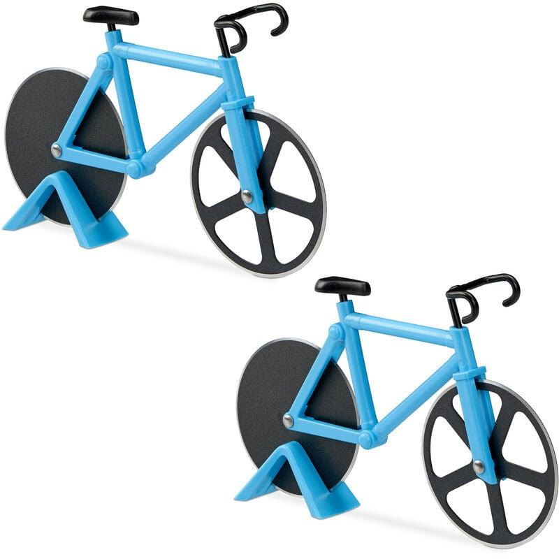 2 x Fahrrad Pizzaschneider, lustiger Pizzaroller mit Schneiderädern aus Edelstahl, Cutter für Pizza & Teig, blau