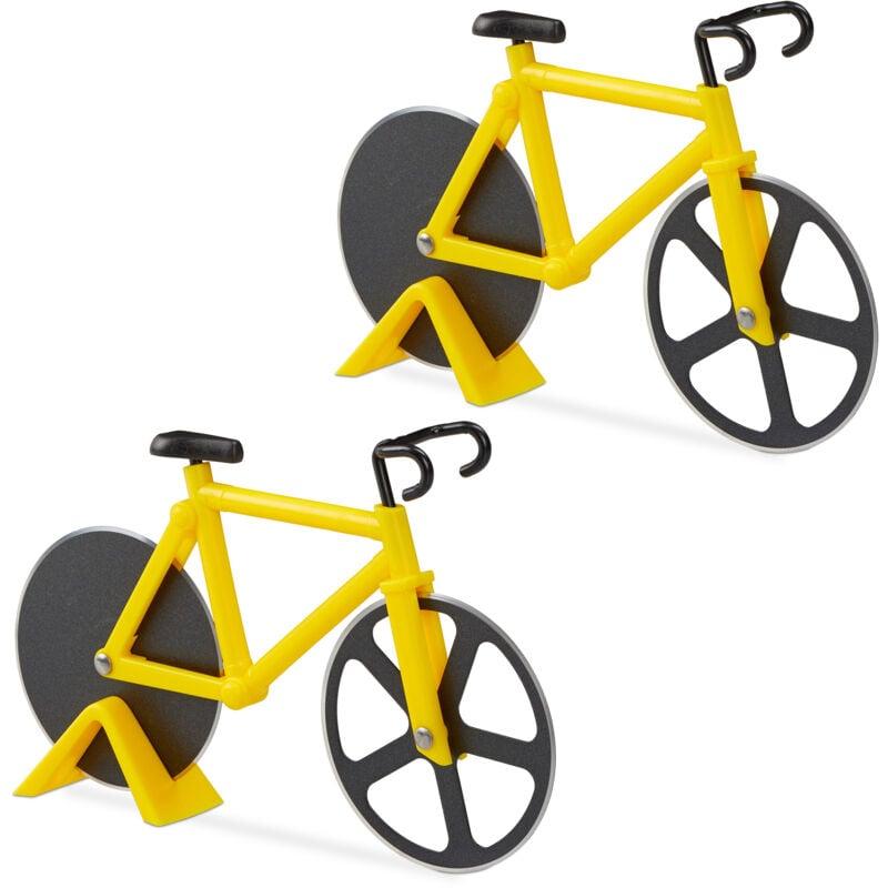 2 x Fahrrad Pizzaschneider, lustiger Pizzaroller mit Schneiderädern, Cutter für Pizza & Teig, Pizzamesser, gelb/schwarz
