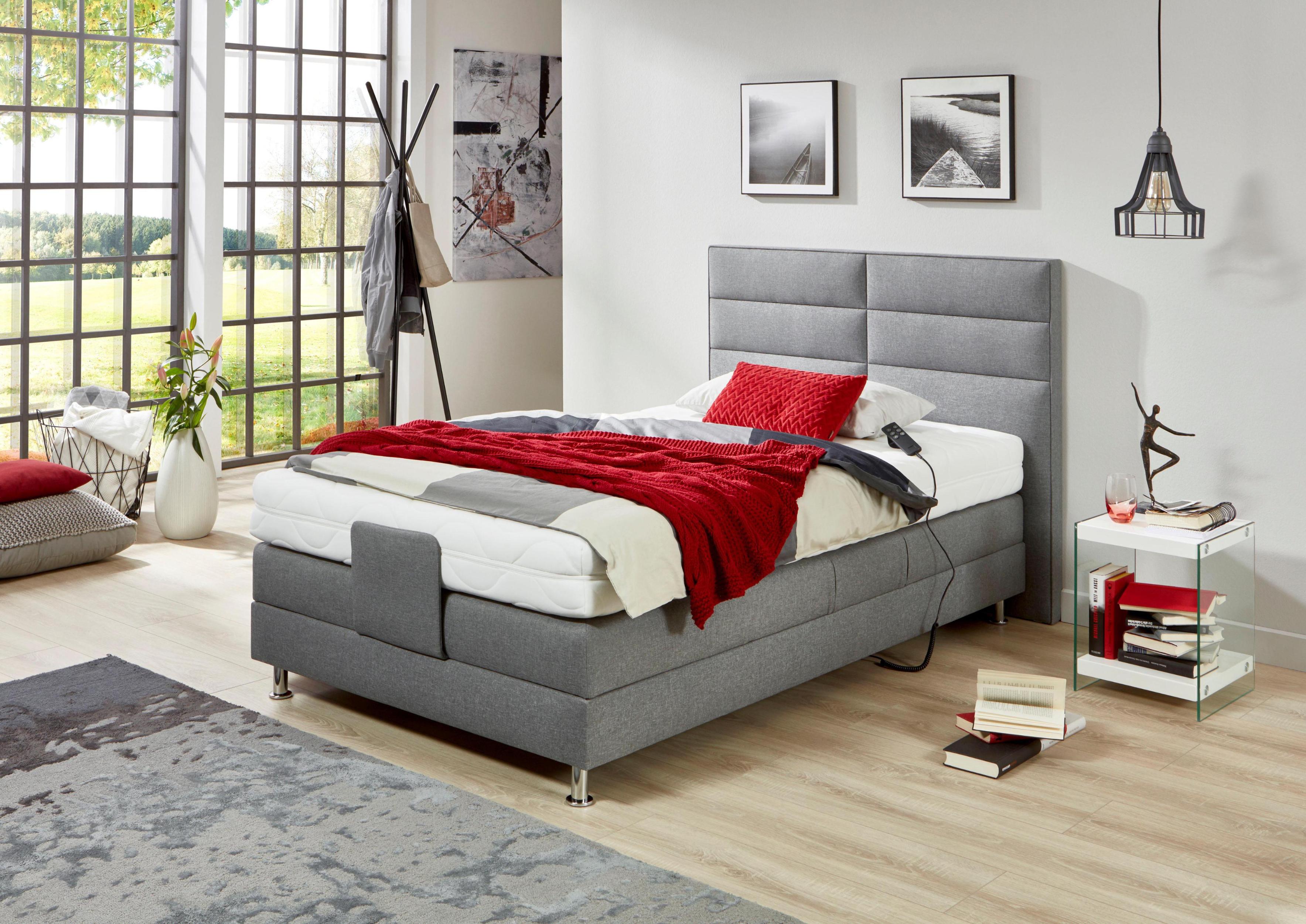 Boxbett, grau, B:134cm L:210cm, Box und Kopfteil: Feinstrukturstoff (77% Polyester und 23% Viskose);Bezug der Obermatratze: 100% Polyester, WESTFALIA