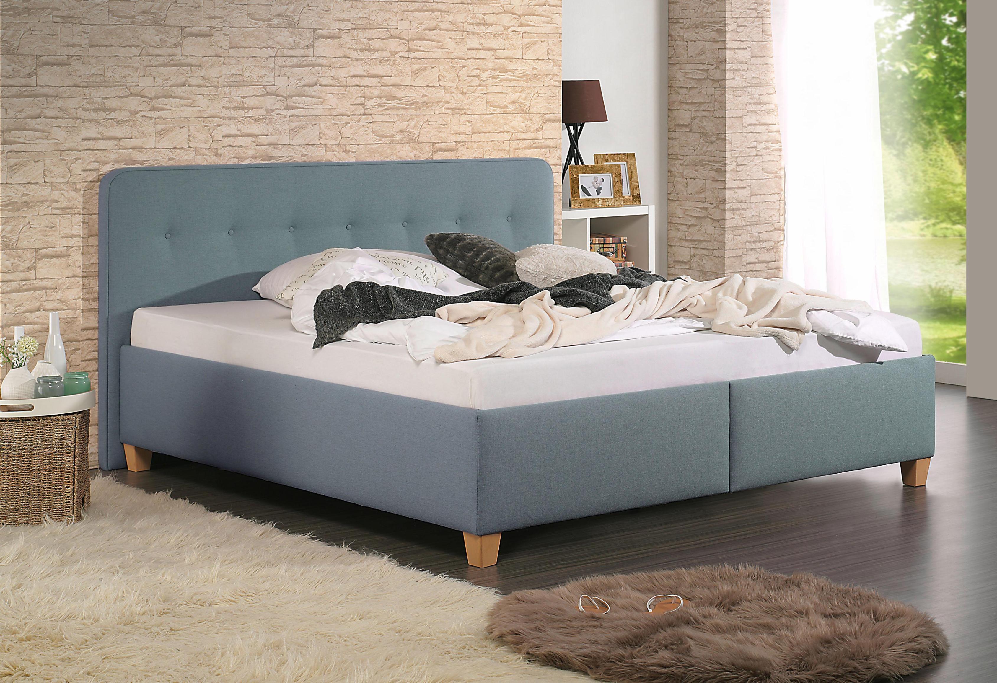Polsterbett MAINTAL "Mison", blau (petrol, buche hell geölt), B:213cm H:102cm L:207cm, Struktur fein (100% Polyester), Betten, Polsterbett, mit oder