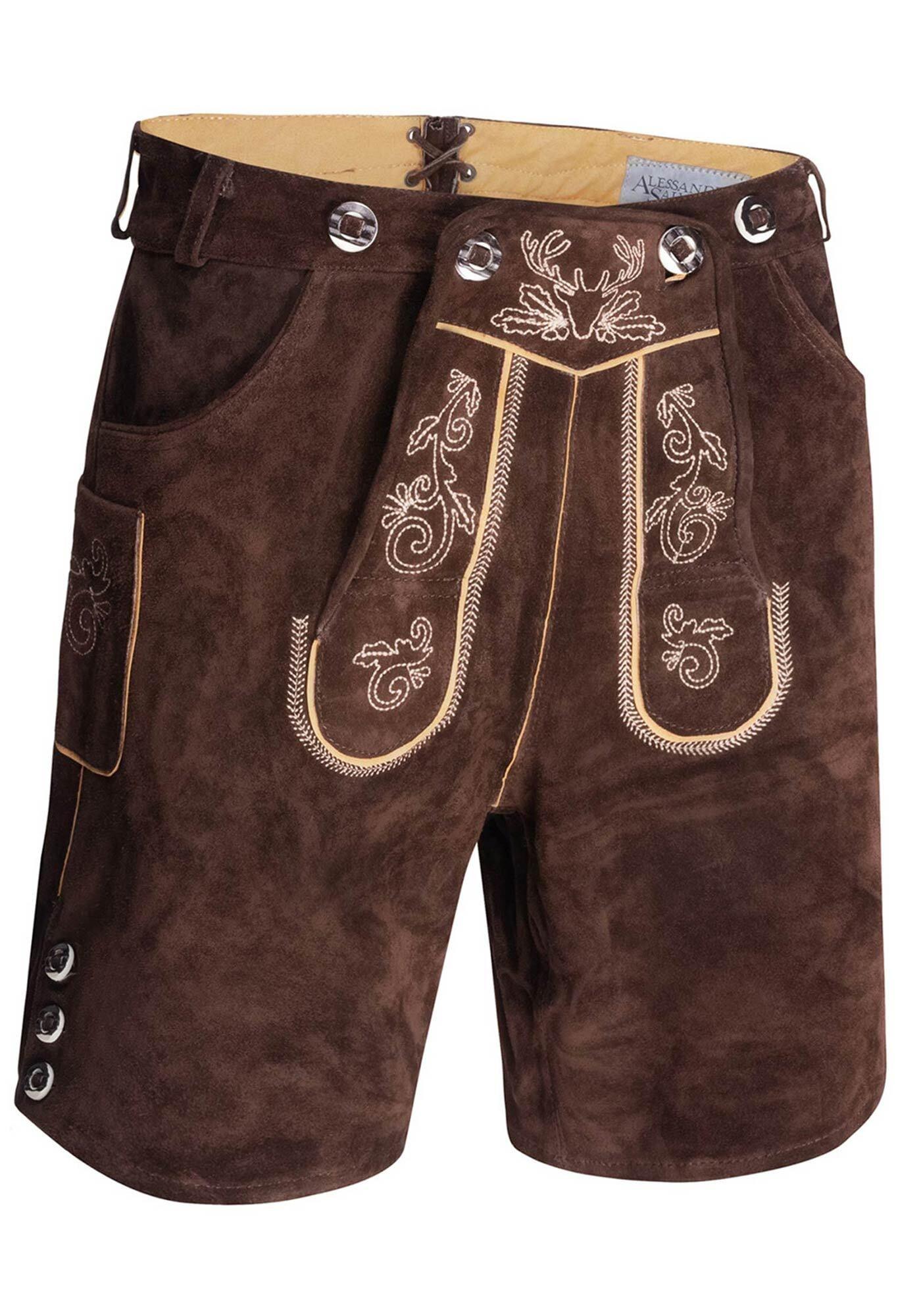 Trachtenlederhose ALESSANDRO SALVARINI "ASLederiio", Herren, Gr. 48, Normalgrößen, braun (dunkelbraun), 100% Rindsleder, Hosen, Aus echtem Leder