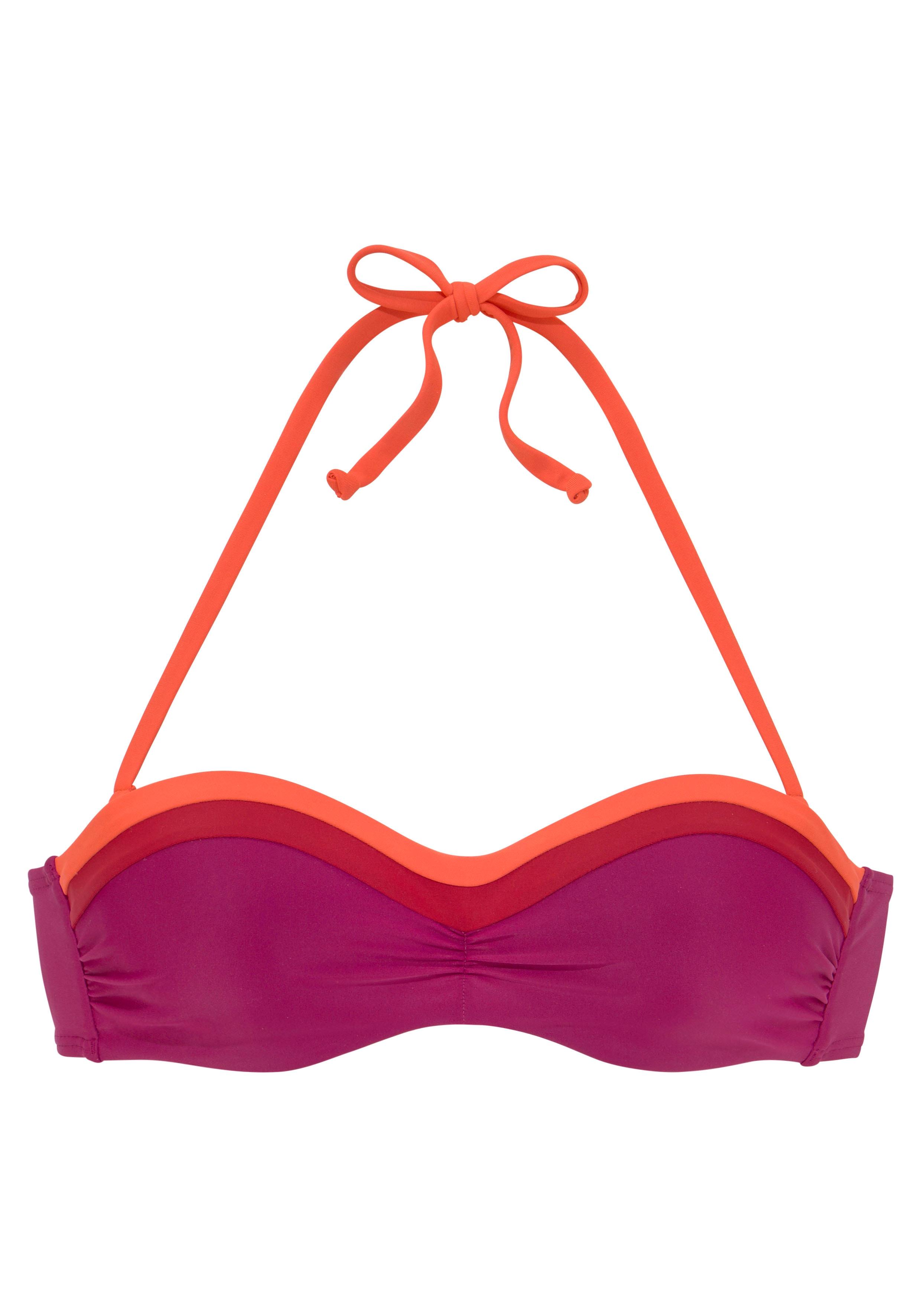 Bügel-Bandeau-Bikini-Top S.OLIVER "Yella", Damen, Gr. 42, Cup D, bunt (berry, orange), Recycling-Polyamid, kontrastfarbene Details, unifarben,